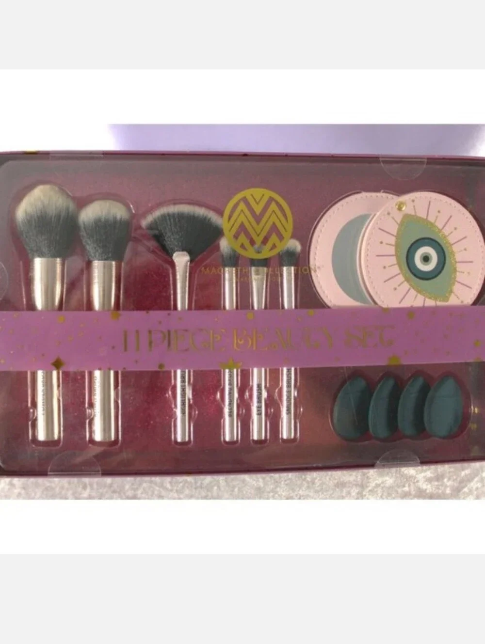 Macbeth Collection- 11PC Beauty Makeup Brush-Mirror & Puffs Set